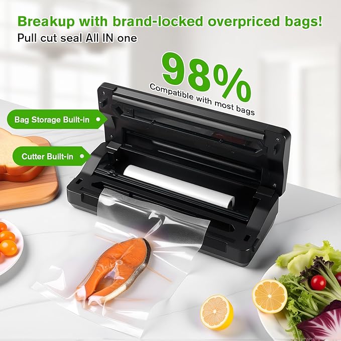 YIERRY 120W Power Vacuum Sealer for Food, Food Sealer Machine with 5 Molds include Dry, Moist, Pulse, Seal, Canister, Accessory, Built in Cutter & Vacuum Bags Storage, with 1 Bag Rolls