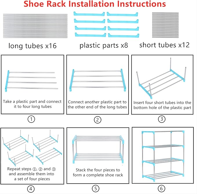 Stackable Small Shoe Rack, Entryway, Hallway and Closet Space Saving Storage and Organization (4-Tier, Blue)