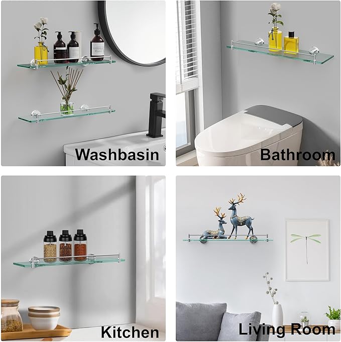 20 Inches Glass Shelves for Bathroom, Chrome Polished Floating Glass Shelf Stainless Steel Tempered Glass Bathroom Shelves for Wall Mount Modern