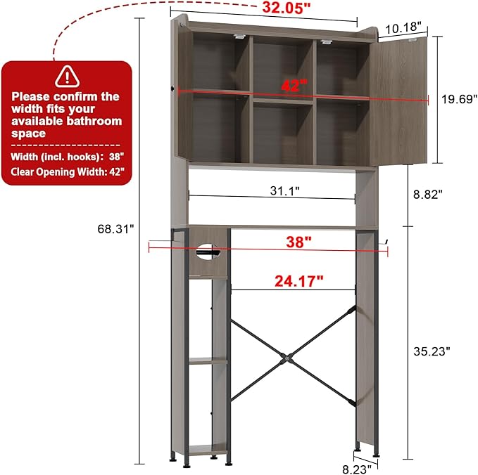 EasyCom Over The Toilet Storage Cabinet with Metal Frame and 7 Storage Shelves, Bathroom Organizer with Adjustable Shelves and Paper Holder, Farmhouse Storage Cabinet for Bathroom, Laundry, Oak Grey