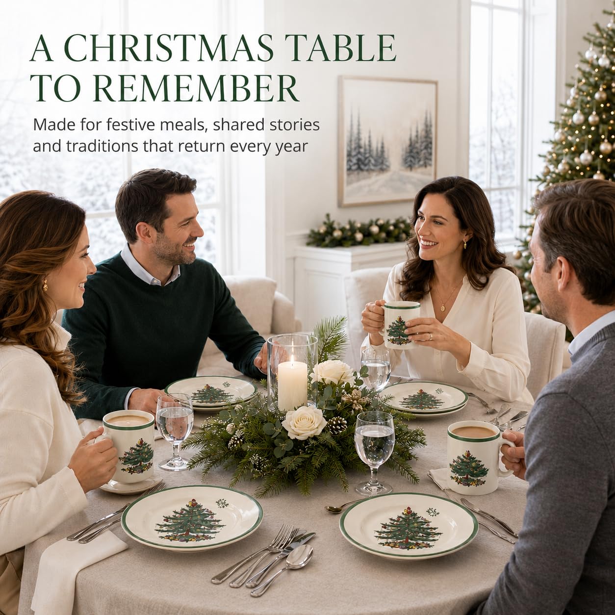 Spode Christmas Tree 12-Piece Dinnerware Set (Service for 4) - Festive Holiday Tableware Collection with Plates and Mugs - Fine Earthenware Christmas Dinnerware - Microwave & Dishwasher Safe