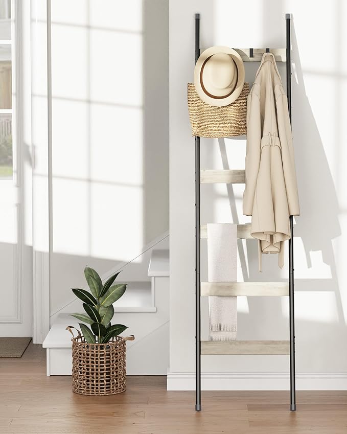 Blanket Ladder, 6-Tier Towel Holder with 4 Removable Hooks, Farmhouse Wall Leaning Decorative Rack Shelf, Wooden Towel Display Rack, Quilt Ladder for Living Room, Bedroom, Greige