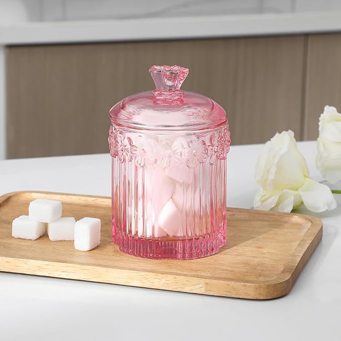 rejomiik 2 Pack Qtip Holder Glass Apothecary Jars with Lids Bathroom Accessories Vanity Organizers and Makeup Storage Canister for Cotton Swabs, Balls, Pads, Floss Picks, Candy, Pink