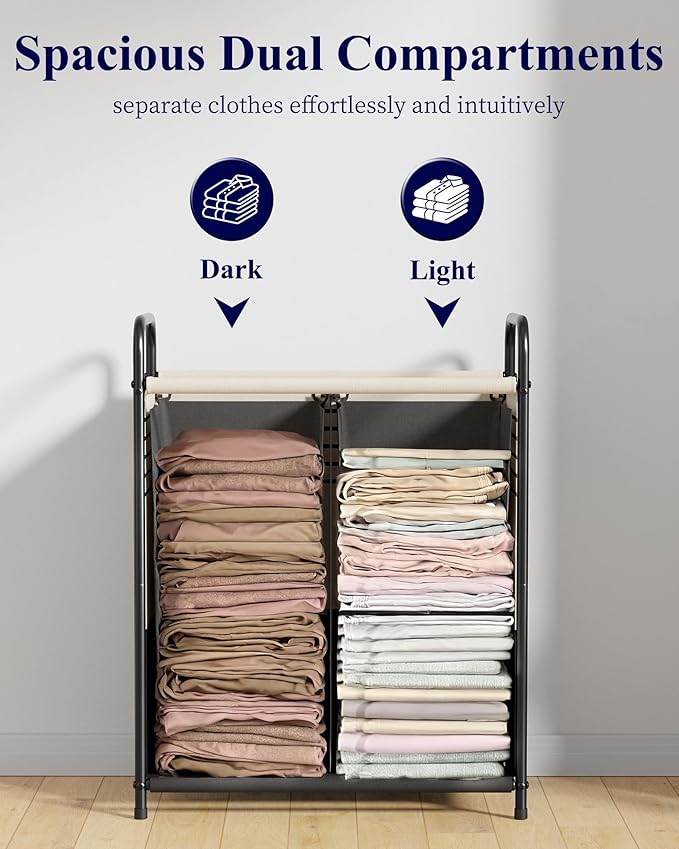 Kitsure Laundry Hamper with Lid - Spacious Double-Section Laundry Basket with Lid & Removable Inner Bags, Portable Clothes Hamper for Bedroom, Bathroom, Dorm, 120L, Black