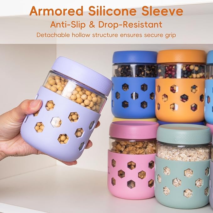 Gemice 6-Pack 16oz Glass Mason Jars with Silicone Sleeves, Airtight BPA-Free Overnight Oats Containers with Lids, Dishwasher Safe Leak-Proof Meal Prep Jars for Chia Pudding, Yogurt, Snacks