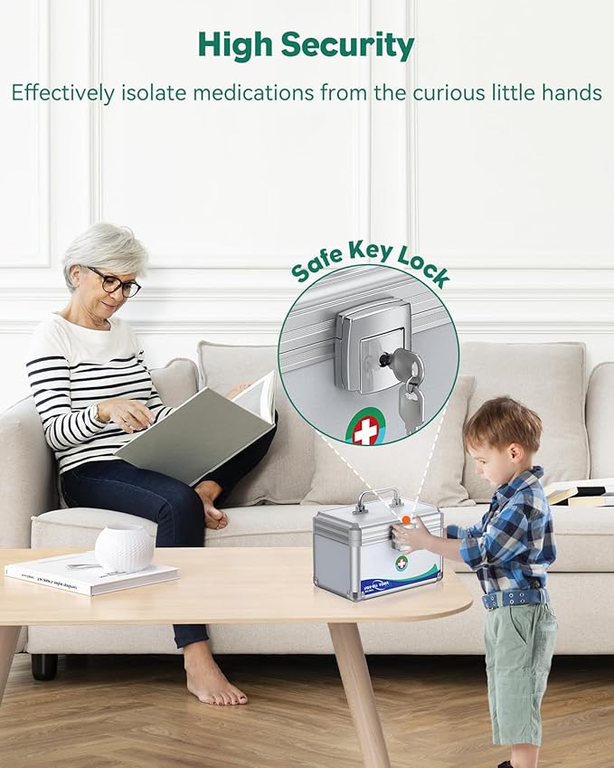 Uniclife Medicine Lock Box First Aid Box with Key Lock & Handle Portable Medication Lock Box Metal Lockable Medicine Storage Chest Security Lock Case for Medications, 10" x 6" x 6.5"