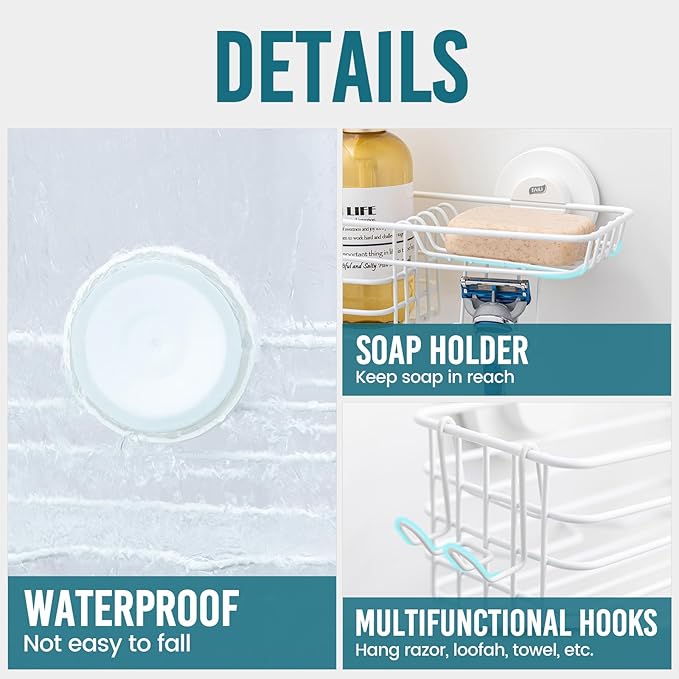 TAILI Shower Caddy Suction Cup with Hooks & Soap Holder, Heavy Duty Bathroom Shower Organizer, No Drilling Shelves for Inside Bathroom, Metal Storage Basket-White