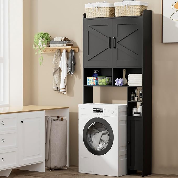 Homhedy Over The Toilet Storage Cabinet with 2 Barn Door and Toilet Paper Holder Stand, FreeStanding Toilet Shelf Space Saver, for Bathroom, Restroom, Laundry, Black