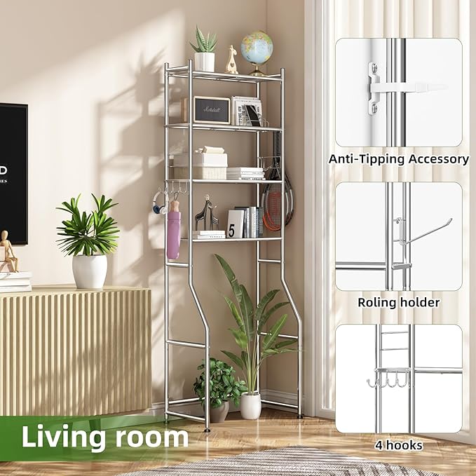 Over The Toilet Storage Cabinet, Metal 4 Tier Bathroom Shelves Over Toilet, Bathroom Oragnizer with 4 Hooks and Paper Holder, Chrome