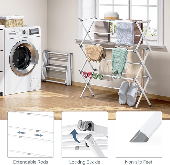 APEXCHASER Drying Rack Clothing - 3 Tier Metal Clothes Drying Rack Collapsible, Laundry Drying Rack Expandable, Small Clothe Airer for Baby Clothes Towel Bib Sock Indoor Outdoor Use(White)