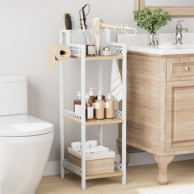 Slim Bathroom Storage Shelf Unit, 3 Tier Corner Storage, Rustic Makeup Organizer, Space-Saving Floor Standing Storage Shelves for Bathroom, Vanity,Kitchen, Laundry 9.85im Matte White
