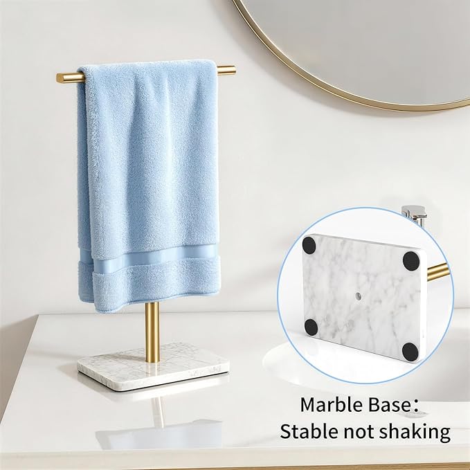Hand Towel Holder, T-Shape Gold Hand Towel Stand for Bathroom, Towel Rack with Stainless Steel for Kitchen Vanity Countertop, Marble Base Adjustable 9.06inch -17.68inch
