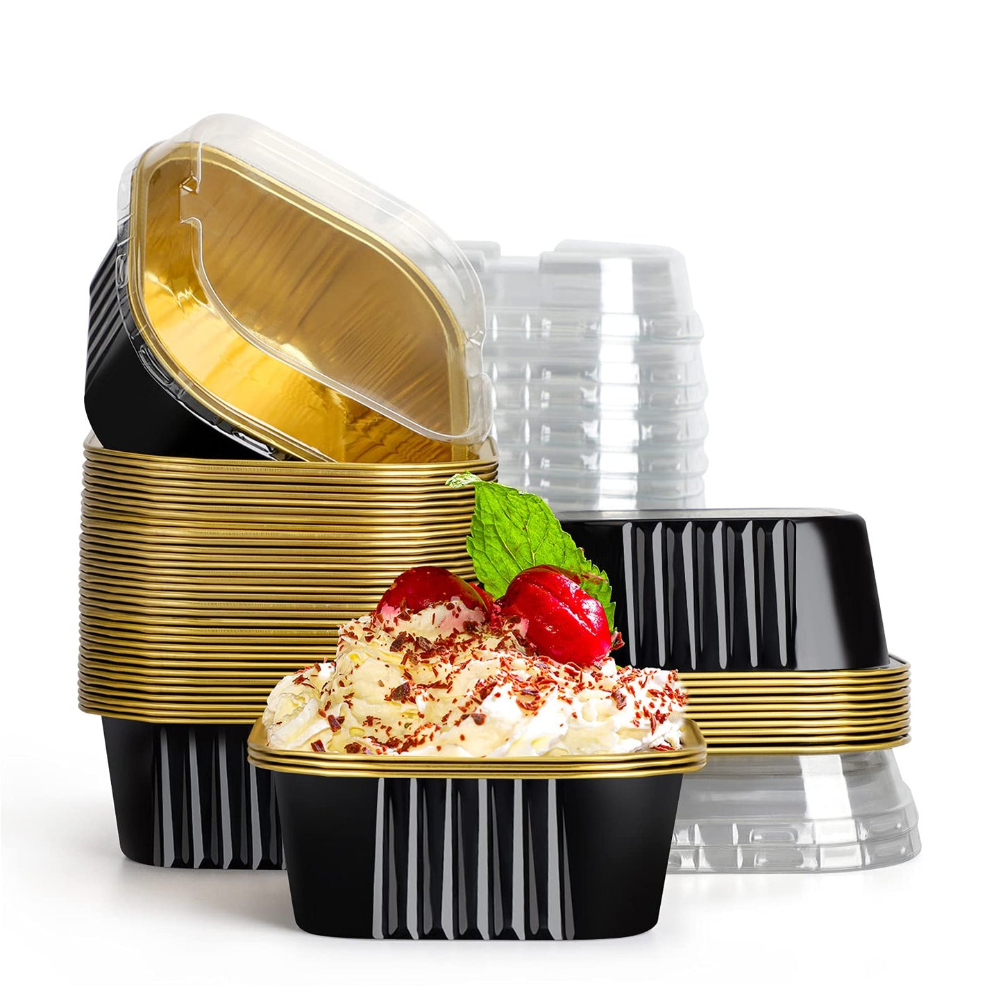 EUSOAR Creme Brulee Ramekins Disposable, 50pcs 10oz Cupcake Liners Foil Baking Cups with Lids, Aluminum Muffin Cups Square Dessert Wrappers Mini Cake Loaf Bread Pans for Wedding Birthday Party