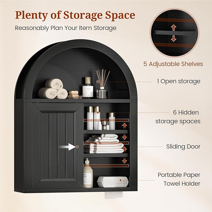 Arched Bathroom Wall Cabinet, 23.6 x 30.3'' Over The Toilet Cabinet With Sliding Barn Door, Adjustable Shelf, Wall Mounted Cabinets for Bathroom Laundry Room Kitchen (Black,Sliding Door, 30IN)