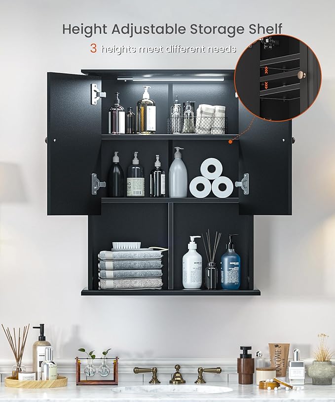 HAIOOU Bathroom Wall Cabinet with Motion Sensor LED Light, Wooden Medicine Cabinet Wall Mounted Cupboard, Over Toilet Storage Cabinet with Buffering Hinges and Adjustable Shelf - Black