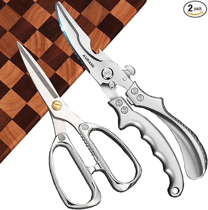 AUDAMI 2-Piece Kitchen Shears Set, Heavy Duty Professional Poultry Meat Scissors,Multi-Purpose Stainless Steel, Dishwasher Safe