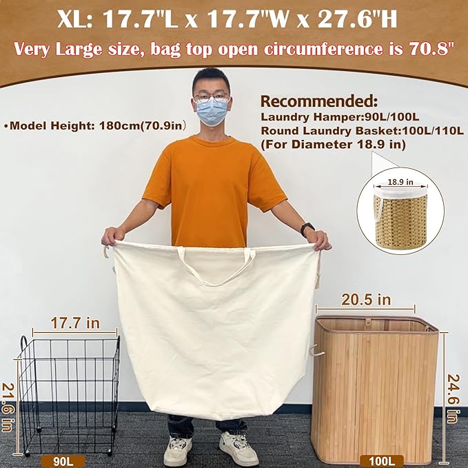 Canvas Laundry Bags with Handles & Square Base18"Lx18"Wx27.6"H, Extra Large Heavy Duty Laundry Basket Hamper Liner, Washable Drawstring Dirty Clothes Bag Canvas Storage Sack (Beige XL,1 Pack)