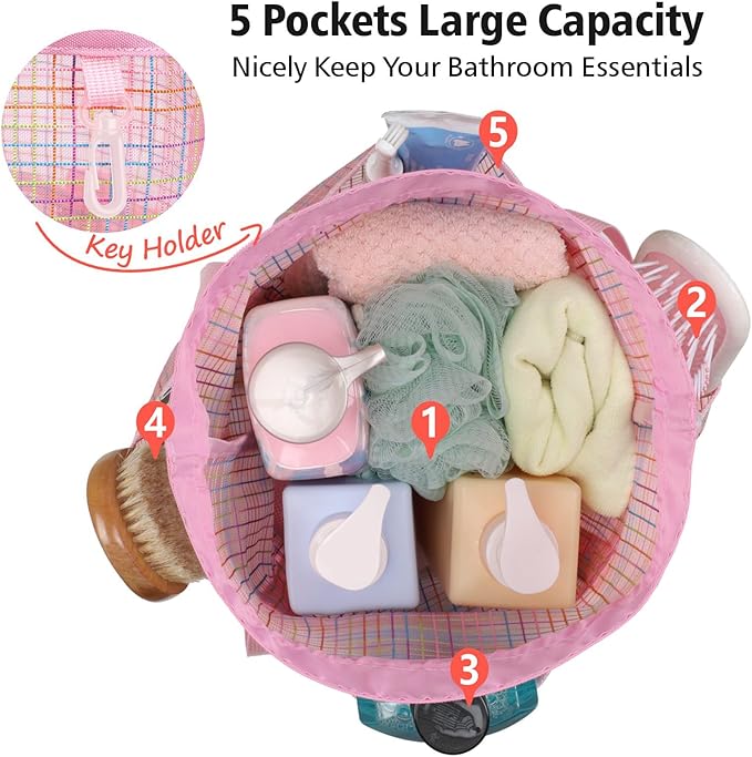 F-color Mesh Shower Caddy Portable with Drawstring - Tall 5 Pockets Dorm Room Essentials for Guys Girls with S Hook, Shower Bag Basket Tote for College Camping Travel Toiletry Bathroom, Pink Grid