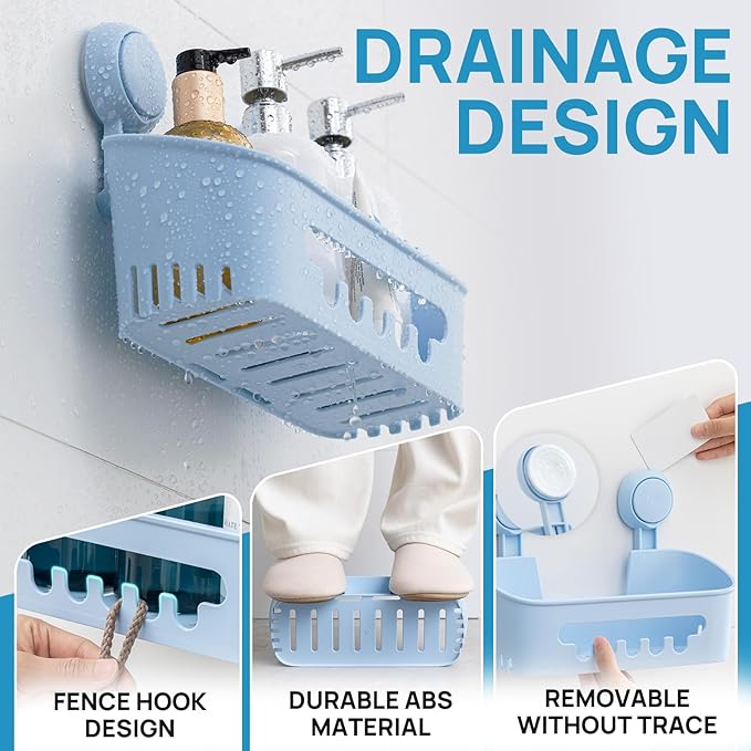 LEVERLOC Shower Caddy Suction Cup, Shower Organizer Removable Bathroom Shelf, Storage Suction Powerful Max Hold 22lbs Bathroom Caddy Waterproof Holder, Blue