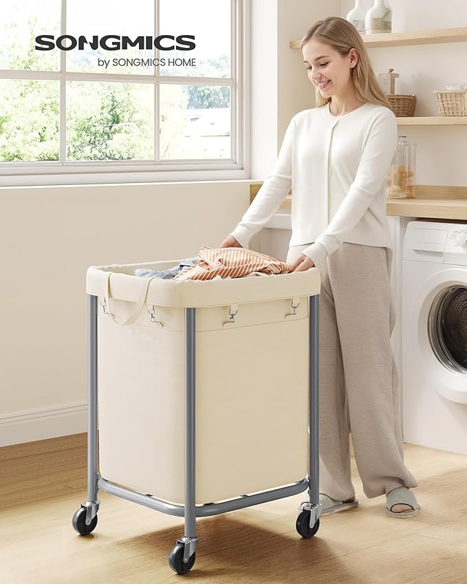 SONGMICS 45-Gallon (170 L) Laundry Basket with Wheels, Rolling Square Heavy-Duty Laundry Hamper Cart with Steel Frame and Removable Bag, 2 Locking Wheels, Cream White and Metallic Silver URLS015WD01