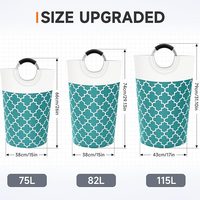 Large Laundry Basket Laundry Hamper Bag Washing Bin Clothes Bag Collapsible Tall with Handles Waterproof Travel Bathroom College Essentials Storage for College Dorm, Family (Green) 82L