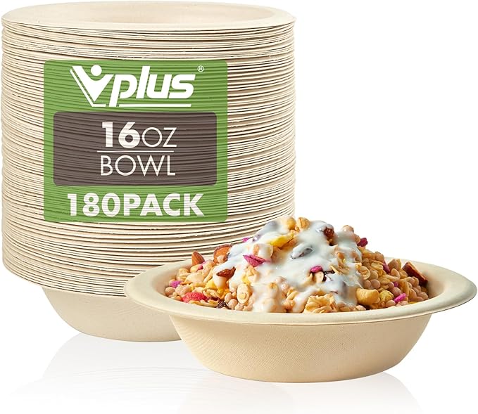 Vplus 200 Pack 16 OZ Compostable Paper Bowls, Bagasse Bowls，Nature