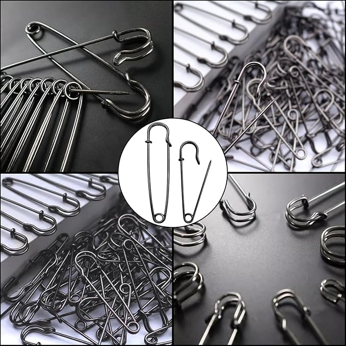 15Pcs Large Safety Pins, 3‘’ Heavy Duty Steel Safety Pins for Clothes, Ideal for Leather, Canvas, and Wool, Sharp Tip for Secure Hold, Perfect for Clothing, Diapers, Blankets, and More, Black