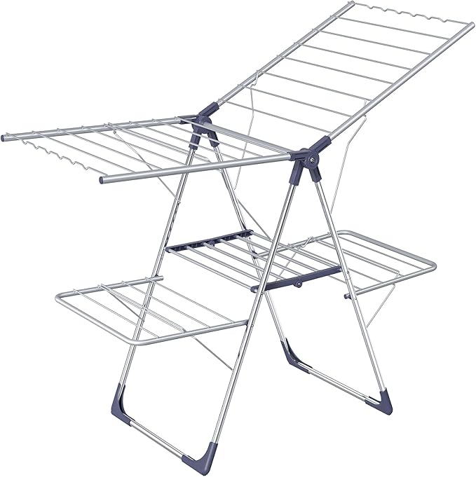 Clothes Drying Rack, Foldable 2-Level Laundry Drying Rack with Height-Adjustable Wings, for Clothing & Bedding, Free-Standing Space-Saving Rack, Indoor & Outdoor, 55.5"L × 22.8"W, Silver Blue