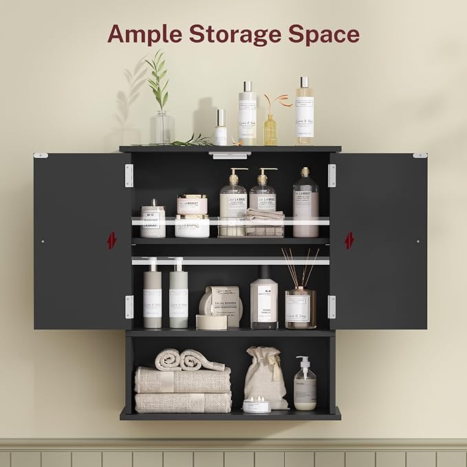 TEENFON Bathroom Wall Cabinet, Over The Toilet Space Saver Storage Cabinet with Barn Doors & Adjustable Shelf, Hanging Medicine Cabinet, Black UNGGX003HV1