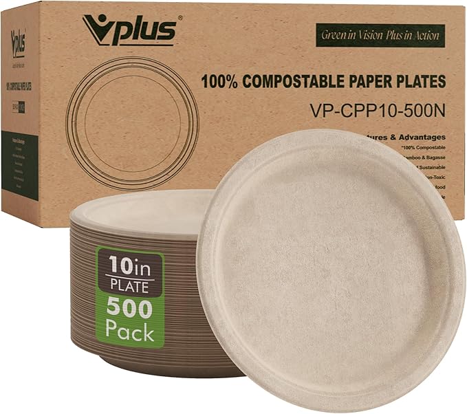 Vplus 500 Pack Compostable Bagasse Paper Plates 10.25 inch, Nature