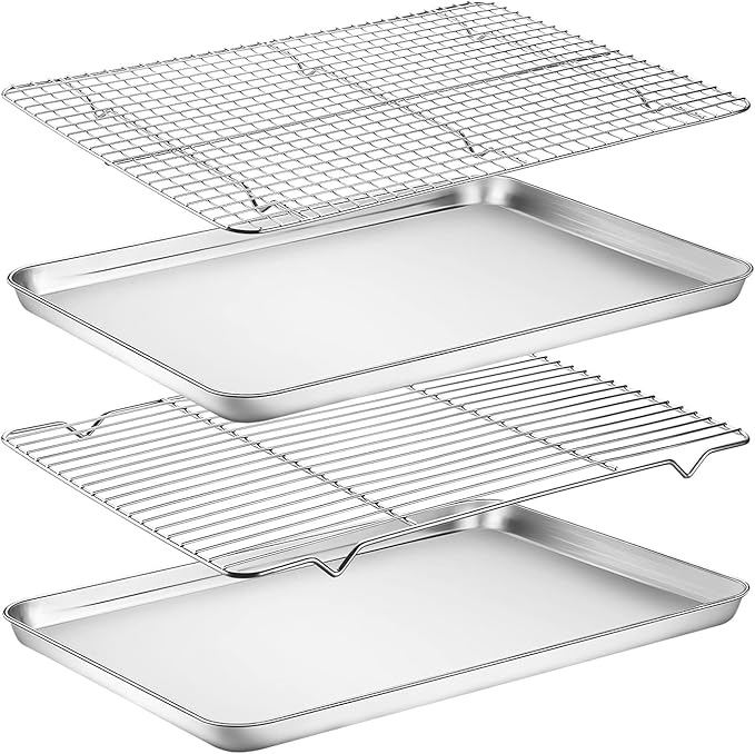 Baking Sheet with Cooling Rack Set of 4, Stainless Steel Cookie Sheet Pan