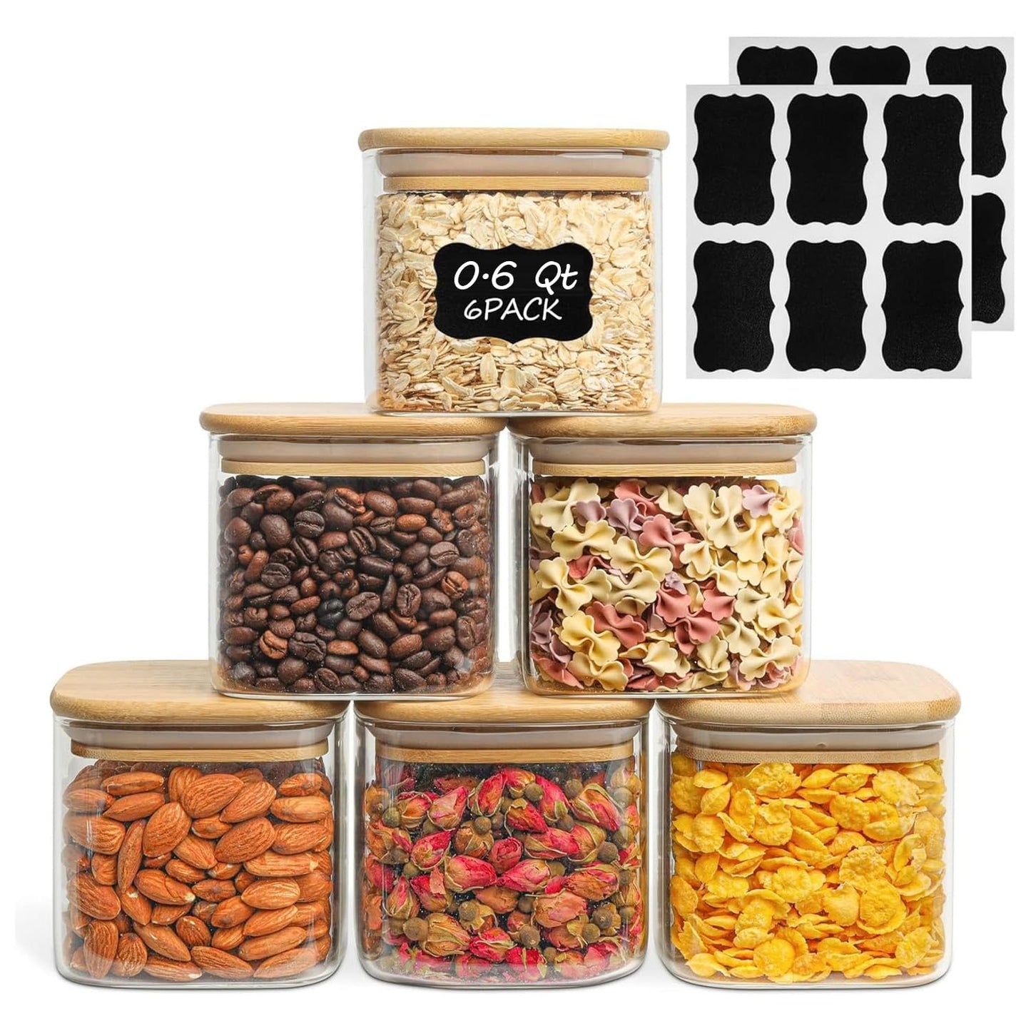 ComSaf Square Glass Containers with Lids 0.6 Qt, Set of 6 Small Glass Jars