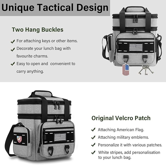 Expandable Tactical Lunch Box, Large Insulated Lunch Cooler Bag Heavy Duty Leakproof Lunch Pail for Men Adults Work Office Outdoor Picnic Trips,16L,Grey
