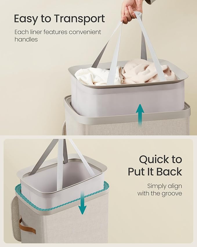 SONGMICS Laundry Basket, 26.4 Gal. Laundry Hamper, Easy Assembly, with Lid and Handles, Removable Liner, 16.5 x 12.6 x 29.5 Inches, Cappuccino Beige ULCB811LH01