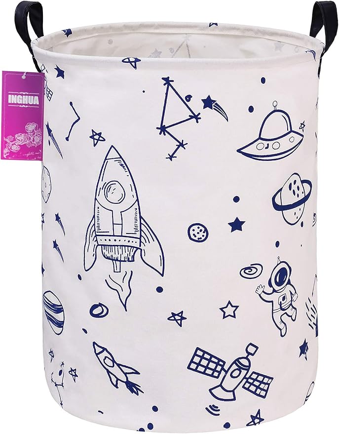 Laundry Hamper Large Canvas Fabric Lightweight Storage Basket/Toy Organizer/Dirty Clothes Collapsible Waterproof for College Dorms, Boys and Girls Bedroom,Bathroom(Spaceships)