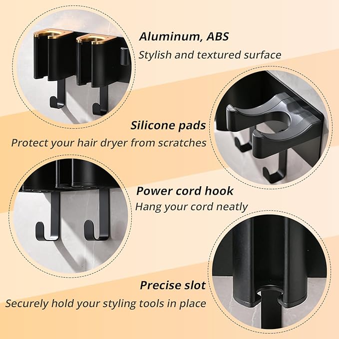 Hair Dryer Holder Wall Mount, Curling Iron Holder, 3 in 1 Hair Tool Organizer for Bathroom Vanity, Hair Straightener Holder, Aluminum Alloy (Hair Tools Not Included)