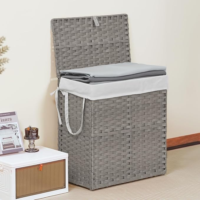 DUMOS Wicker Laundry Basket with Lid, 29.6 Gallon (112L) Woven Laundry Hamper with Handles, Foldable Rattan Clothes Hamper with Removable Liner & Sturdy Steel Frame, Dove Gray