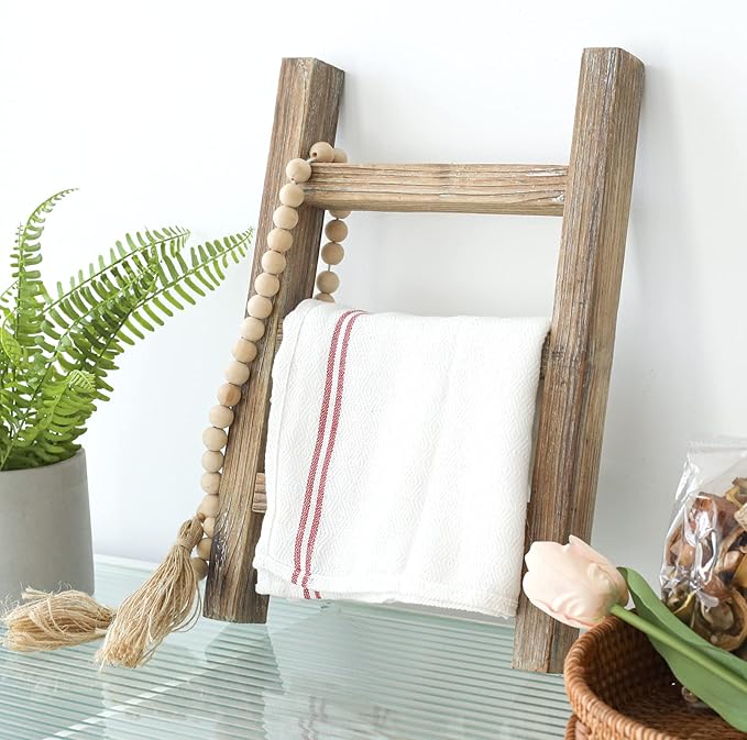 FUIN Wooden Tea Towel Ladder, Mini Ladder Towel Rack Display Hanger, Small Rustic Farmhouse Tea Towel Stand Holder for Country Bathroom Decor, Burnt Brown