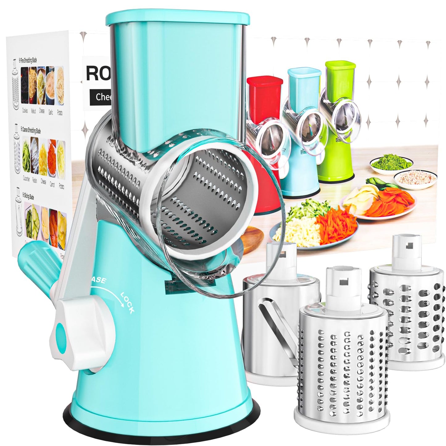Cambom Rotary Cheese Grater Hand Crank Cheese Shredder for Fresh Cheese, Vegetable, Nuts,Non-slip Suction Base，Three Blades,Blue