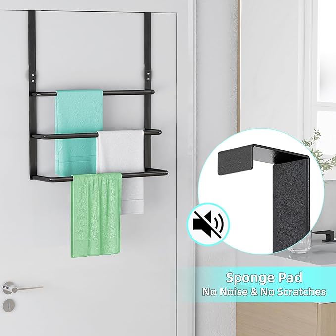 Over The Door Towel Rack, 304 Stainless Steel Towel Rack, 3 Tier Towel Bar for Hanging Towels, 16 Inch Over Door Towel Storage Holder for Bathroom, Matte Black