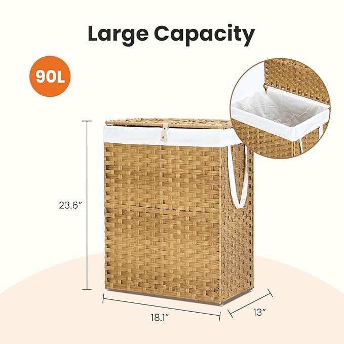 DUMOS Woven Laundry Basket with Lid, 90L Large Capacity Hamper, Removable & Machine-Washable Liner, Foldable Rattan Clothes Hamper, Sturdy Steel Frame, Odor Control, Goose Yellow
