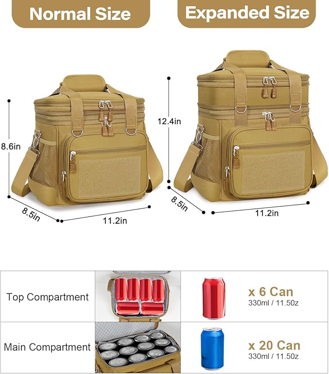 GLENKEY Double Deck Insulated Lunch Box, Expandable Large Lunch Bag Leakproof Cooler Bag Lunch Pail for Men Women Adults Work Shifts Travel Daytrip, Brown