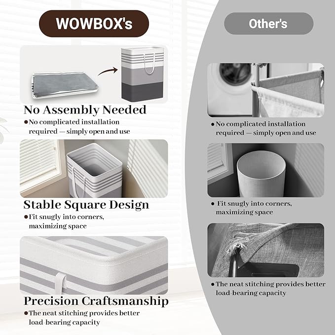 WOWBOX 2 Pack Laundry Hampers Baskets, Freestanding Dirty Clothes Hampers with Reinforced Handles & Cross Stitch & Waterproof Coating, for Laundry Bedroom Bathroom, 2 x 125L