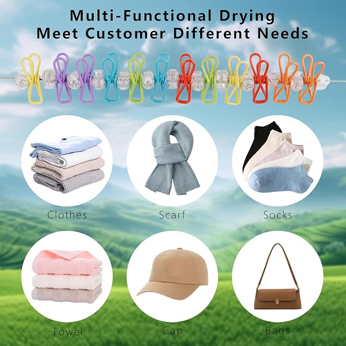 Travel Clothesline Length 9.8Ft with 12 Clothespins, Wire Rope Adjustable Length, Indoor Clothesline, Outdoor Camping Accessories