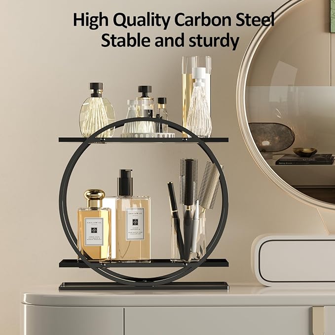2 Tier Perfume Organizer for Dresser, Black Gold Perfume Makeup Perfume Stand Organizer for Vanity, Cosmetics Ideal Gift for Perfume Lovers-Black