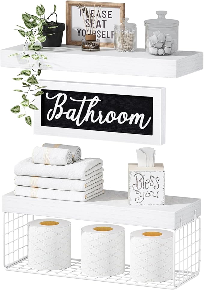 QEEIG ‎Bathroom Shelves Over Toilet - Paper Storage Wall Mounted Farmhouse Decor Decorations Aesthetic Décor Sign Small Floating Shelf 2+1 Set 16 inch, White (020WW)
