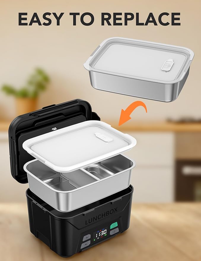 EAST OAK Stainless Steel Inner Container with Lid for Cordless Electric Lunch Box, 1.3L Meal Container for Portable Heated Lunch Box with Removable Tray Divider, Dishwasher Safe