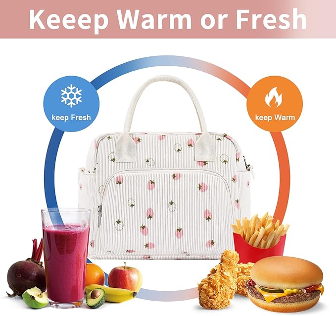 Lunch Bag Women Lunch Box for Women Adult Cute Insulated Lunch Bag Lager Cooler Lunch Tote Bags for Work Picnic (Beige-Light Strawberry)