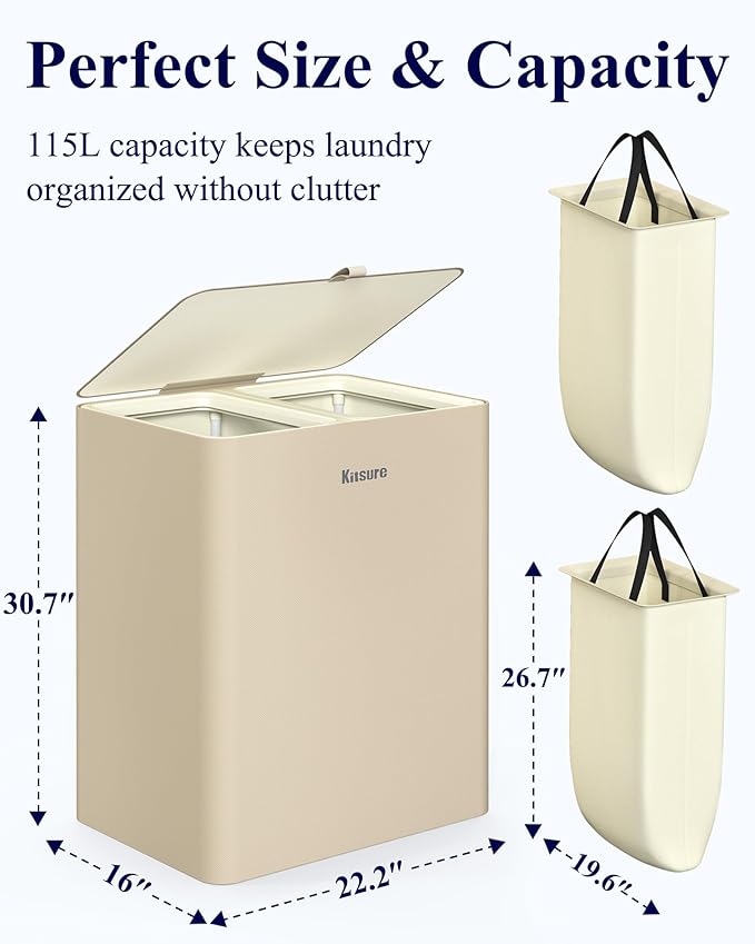 Kitsure Laundry Basket 115L – Large Laundry Hamper with Lid, 2-Compartment Divided Clothes Sorter with Removable Hamper Bags, Beige Organizer for Laundry Room, Bathroom & Bedroom, 22.2" x 16" x 30.7"