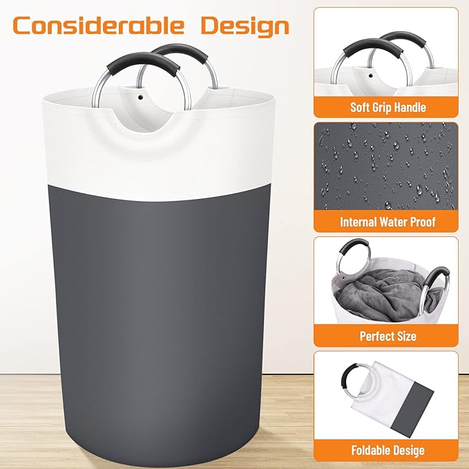 BlissTotes Laundry Basket, Laundry Hamper, Collapsible Laundry Baskets, Dirty Clothes Hamper, Waterproof Laundry Basket with Foam Protected Aluminum Handles for College Dorm, Family 90L (Gray)